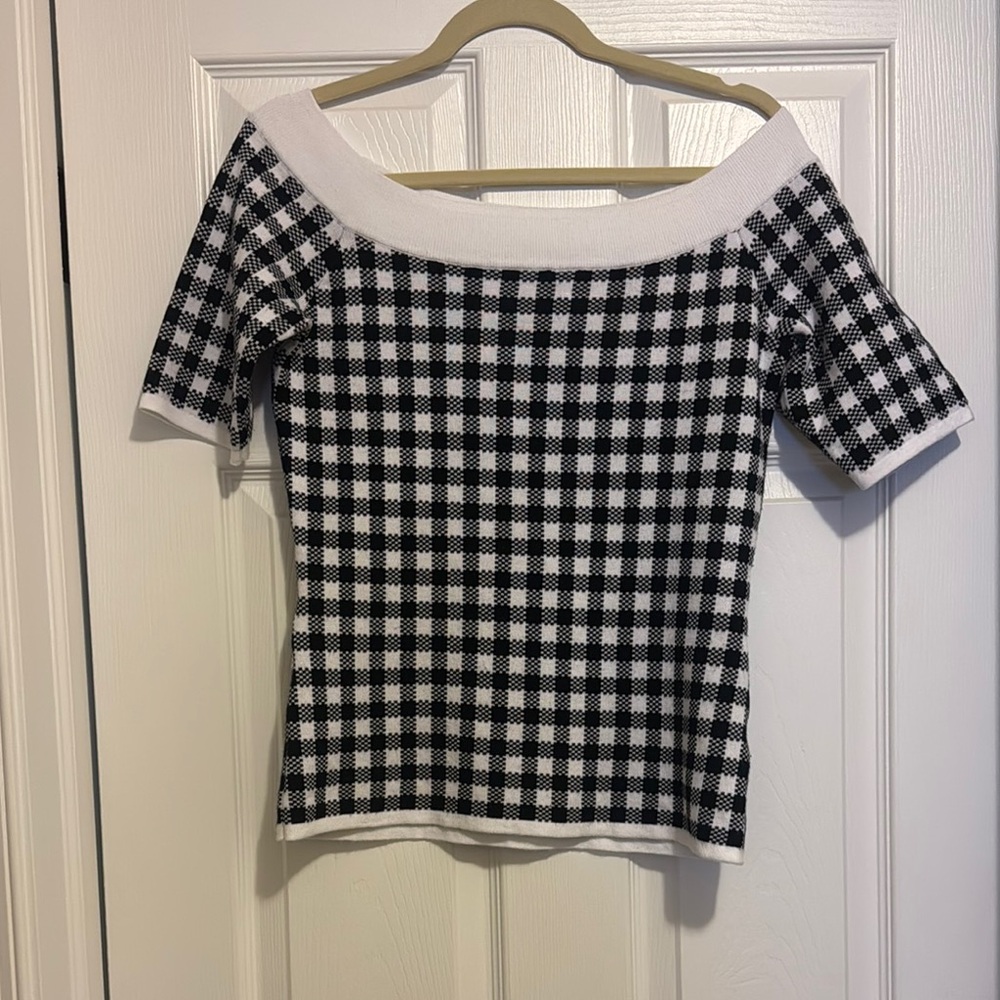 Boston Proper Black and White Checkered Knit Top